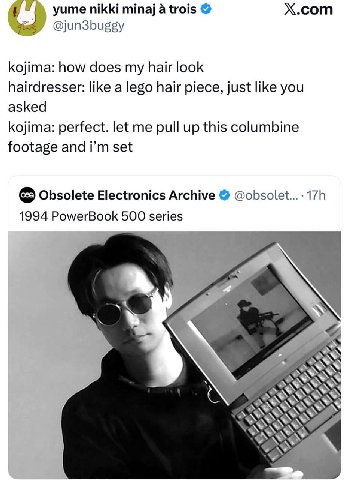 yume nikki minaj а trois X.com @jun3buggy a kojima: how does my hair look hairdresser: like a lego hair piece, just like you asked kojima: perfect. let me pull up this columbine footage and set Obsole