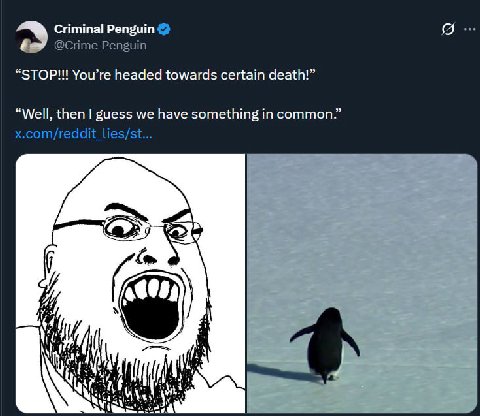 Criminal Penguin @Crime Penguin “STOP!!! You’re headed towards certain death!” “Well, then guess we have something in common.” x.com/reddit_lies/st...