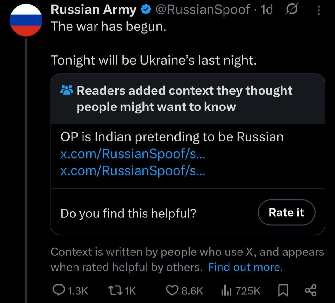 Russian Army The war has begun. Tonight will be Ukraine’s last night. Readers added context they thought people might want to know is Indian pretending to be Russian you find this helpful? Rate it
