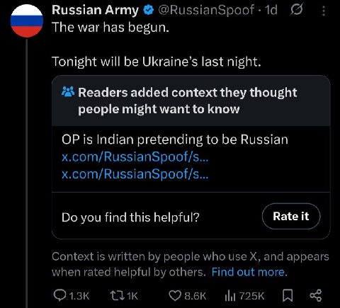 Russian Army The war has begun. Tonight will be Ukraine’s last night. Readers added context they thought people might want to know is Indian pretending to be Russian you find this helpful? Rate it