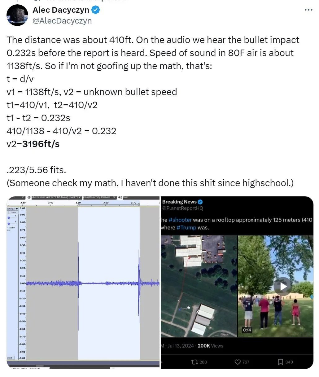 Alec @AlecDacyczyn The distance was about On the audio we hear the bullet impact before the report is heard. Speed of sound in 8OF air is about 1138ft/s. So if not goofing up the math, that's: t=d/v 1