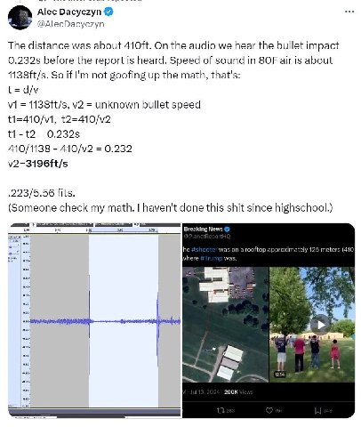 Alec @AlecDacyczyn The distance was about On the audio we hear the bullet impact before the report is heard. Speed of sound in 8OF air is about 1138ft/s. So if not goofing up the math, that's: t=d/v 1