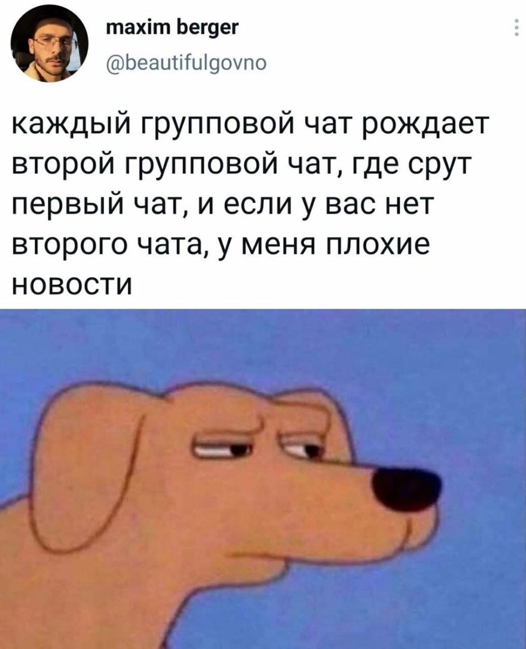 maxim berger @beautifulgovno каждый групповой чат рождает второй групповой чат, где срут первый чат, и если у вас нет второго чата, у меня плохие НОВОСТИ