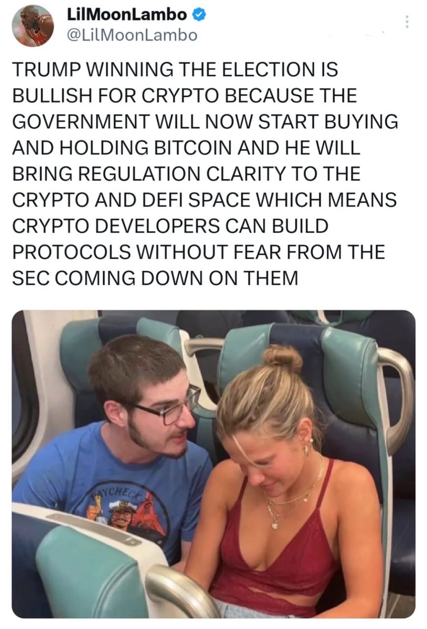 LilMoonLambo @LilMoonLambo TRUMP WINNING THE ELECTION IS BULLISH FOR CRYPTO BECAUSE THE GOVERNMENT WILL NOW START BUYING AND HOLDING BITCOIN AND HE WILL BRING REGULATION CLARITY TO THE CRYPTO AND DEFI