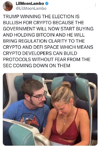 LilMoonLambo @LilMoonLambo TRUMP WINNING THE ELECTION IS BULLISH FOR CRYPTO BECAUSE THE GOVERNMENT WILL NOW START BUYING AND HOLDING BITCOIN AND HE WILL BRING REGULATION CLARITY TO THE CRYPTO AND DEFI