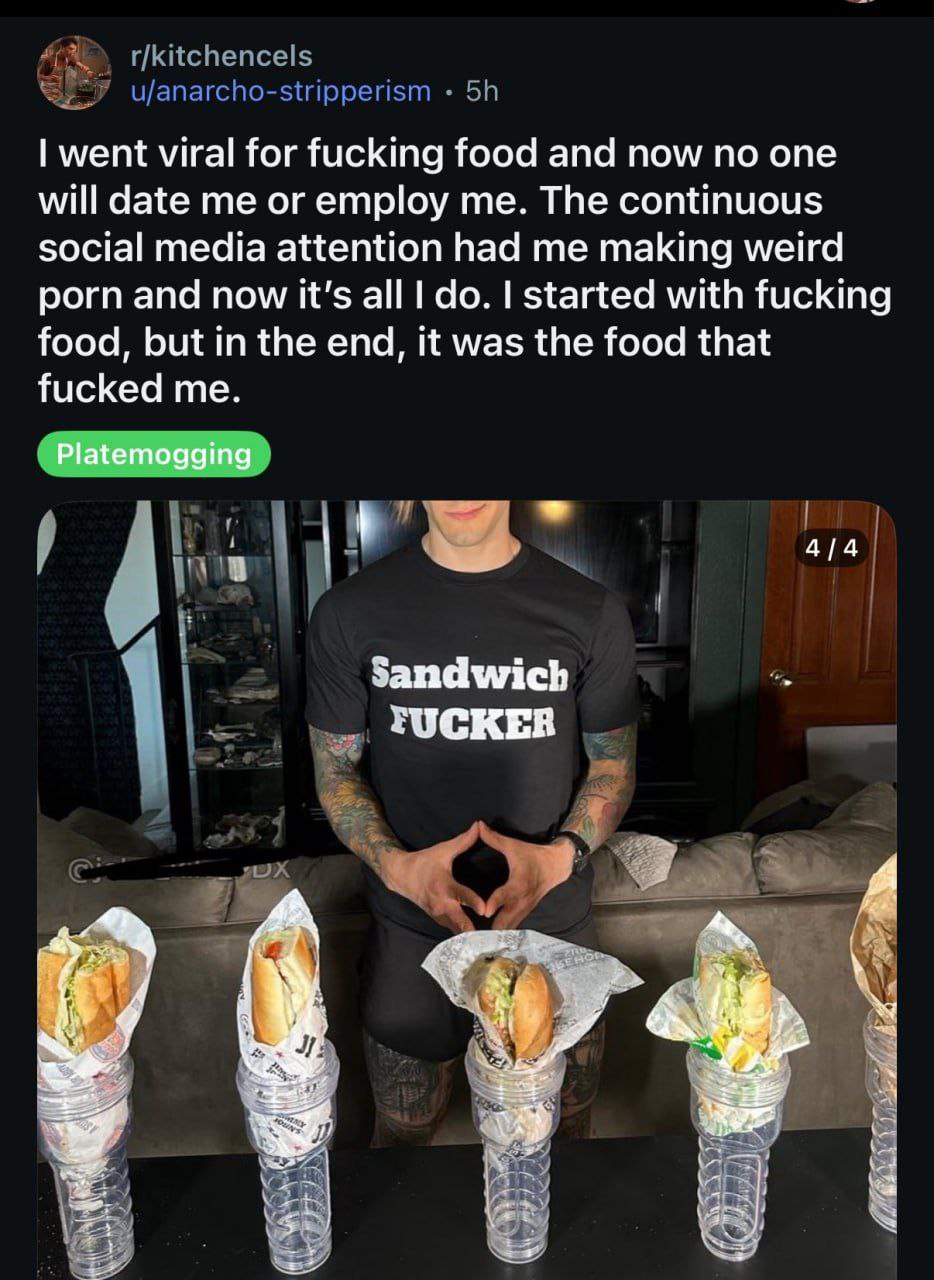 went viral for fucking food and now по one will date me or employ me. The continuous social media attention had me making weird porn and now it’s all started with fucking food, but in the end, it was 