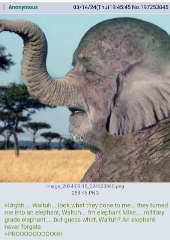 Anonymous 03/14/24(Thu)19:45:45 №.197253045 image_2024-03-15_024523860.png 253 PNG >Urghh.... Waltuh... look what they done to me... they turned me into an elephant, Waltuh... elephant Mike.... milita
