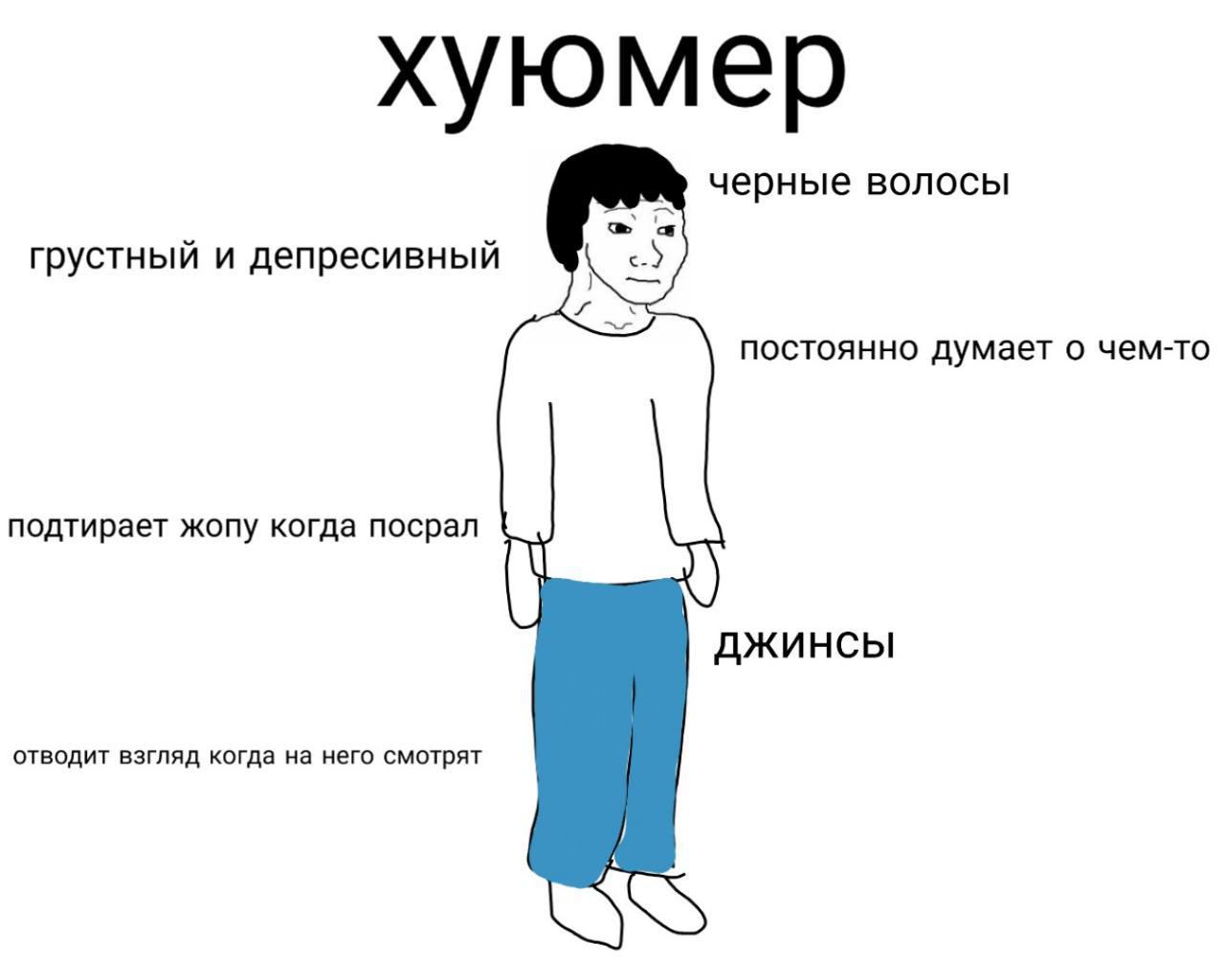 хуюмер черные волосы с грустный и депресивный постоянно думает о чем-то подтирает жопу когда посрал ДЖИНСЫ отводит взгляд когда на него смотрят