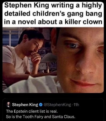 Stephen King writing a highly detailed children’s gang bang ina novel about a killer clown 7% Ты Stephen King The Epstein client list is real. So is the Tooth Fairy and Santa Claus.