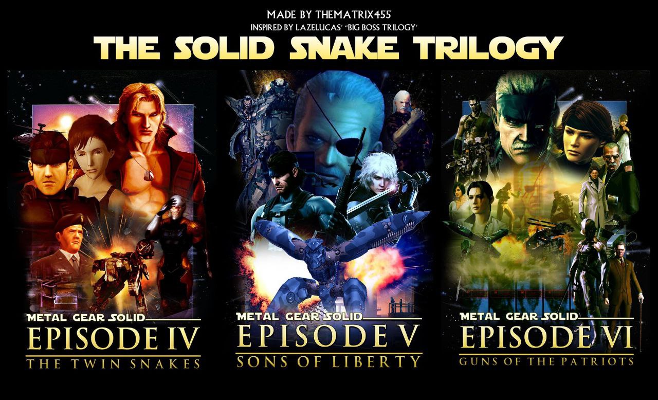 MADE THEMATRIX455 INSPIRED “BIG BOSS TRILOGY’ THE SOLID SNAKE TRILOGY 7 у i 2 7 9 pre У\ 3. К a a В METAL GEAR METAI METAL GEAR EPI THE TWIN SNAKES SONS OF LIBERTY GUNS OF THE PATRIOTS