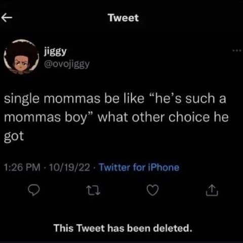 Tweet jiggy @ovojiggy single mommas be like “he’s such a mommas boy” what other choice he got 1:26 10/19/22 Twitter for iPhone This Tweet has been deleted.