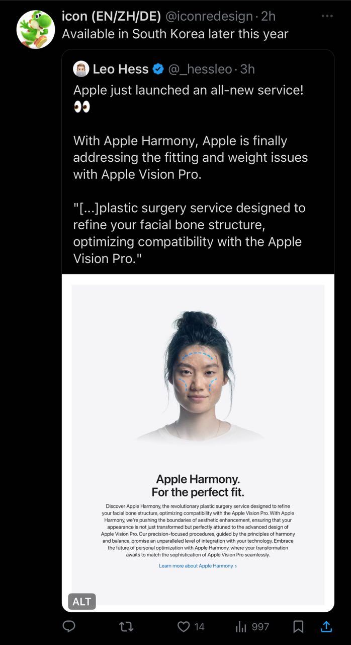 icon (EN/ZH/DE) @iconre Available in South Korea later this year lao о Leo Hess @_he Apple just launched an all-new service! 99 With Apple Harmony, Apple is finally addressing the fitting and weight i