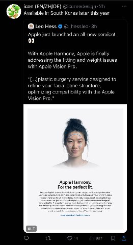 icon (EN/ZH/DE) @iconre Available in South Korea later this year lao о Leo Hess @_he Apple just launched an all-new service! 99 With Apple Harmony, Apple is finally addressing the fitting and weight i