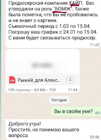 Вас Продюсерская компания утвердили на роль "БОМЖ". Также была пометка, что вы не пробовались и не знает о картине. Съемочный период с 1.03 по 15.04. Попрошу ваш графикс 24.01 по 15.04. С вами будет с