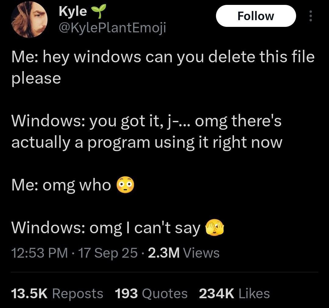 А Kyle @KylePlantEmoji Me: hey windows can you delete this file please Windows: you got it, omg there's actually a program using it right now omg who Windows: omg can't say 12:53 17 Sep 25 Views Repos