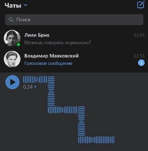 Чаты Поиск Лили Брик Можешь говорить нормально? Владимир Маяковский 11:53 Голосовое сообщение