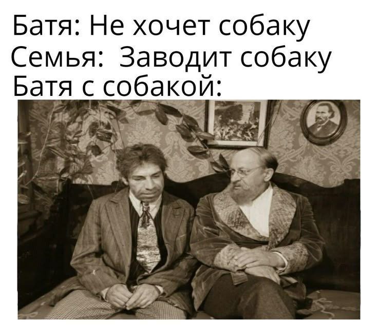 Батя: Не хочет собаку Семья: Заводит собаку Батя с собакой: 2