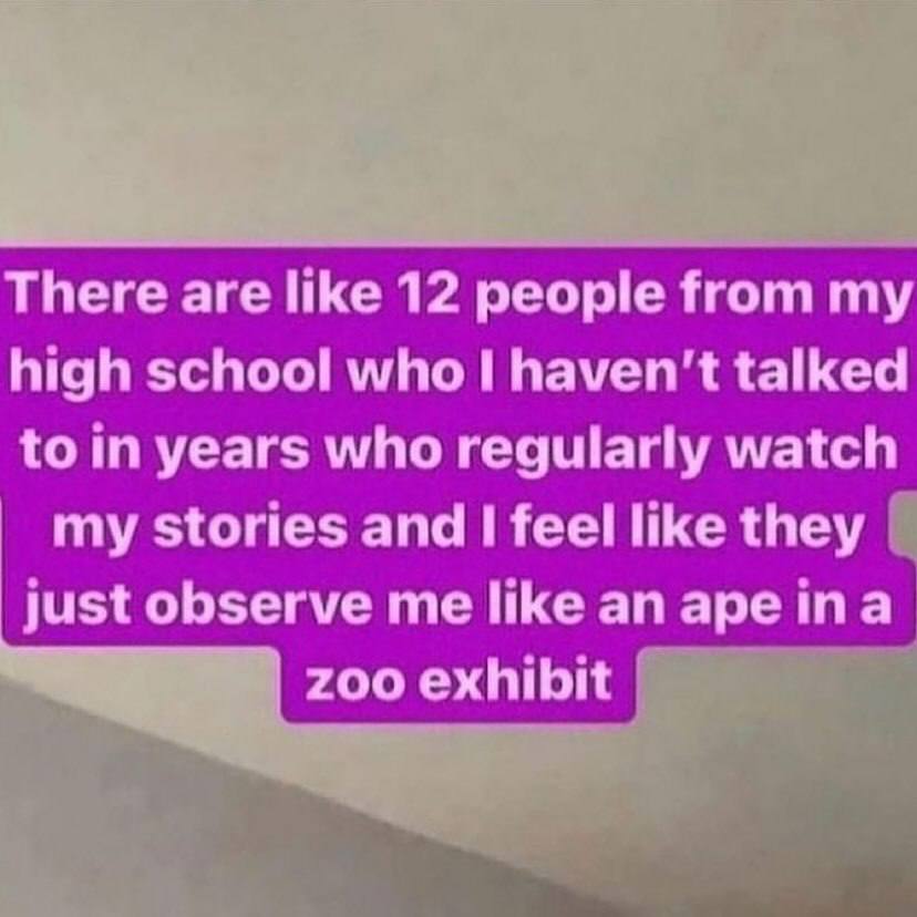 There are like 12 people from high school who I haven't talked years who regularly watch my stories and I feel like they Just observe like an гоо exhibit