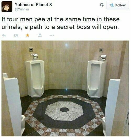 Yuhnsu of Planet +2 Follow @Yuhnsu Я If four men pee at the same time in these urinals, a path to a secret boss will open.