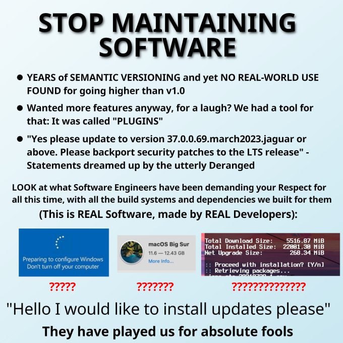 YEARS of SEMANTIC VERSIONING and yet NO REAL-WORLD USE FOUND for going higher than Wanted more features anyway, for a laugh? We had a tool for that: It was called "PLUGINS" "Yes please update to versi