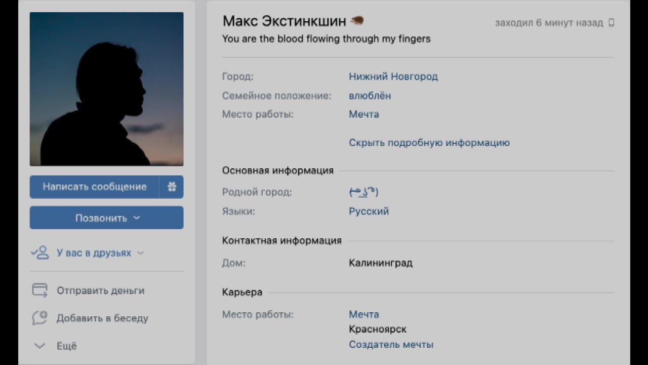 Макс Экстинкшин эходил 6 минут назад You are the blood flowing through my fingers pon, Нижний Новгород, емейное положени влюблён Добавить в беседу Место работе Мечта Скрыть подробную информацию Основн