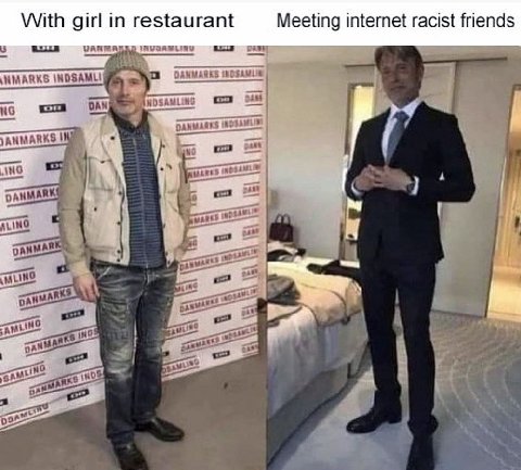 With girl in restaurant Meeting intemet racist friends