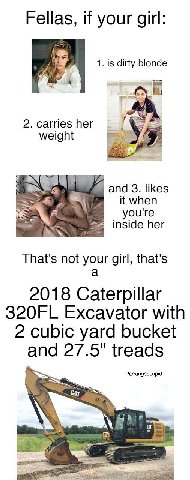 Fellas, if your girl: 1. is dirty blonde К 2. carries her weight and 3. likes it when you're inside her That's not your girl, that's a 2018 Caterpillar Excavator with 2 cubic yard bucket and 27.5" tre