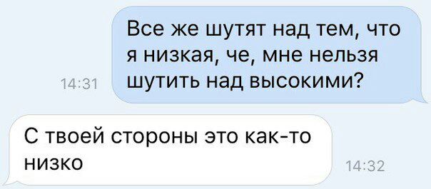 Все же шутят над тем, что я низкая, че, мне нельзя шутить над высокими? С твоей стороны это как-то НИЗКО