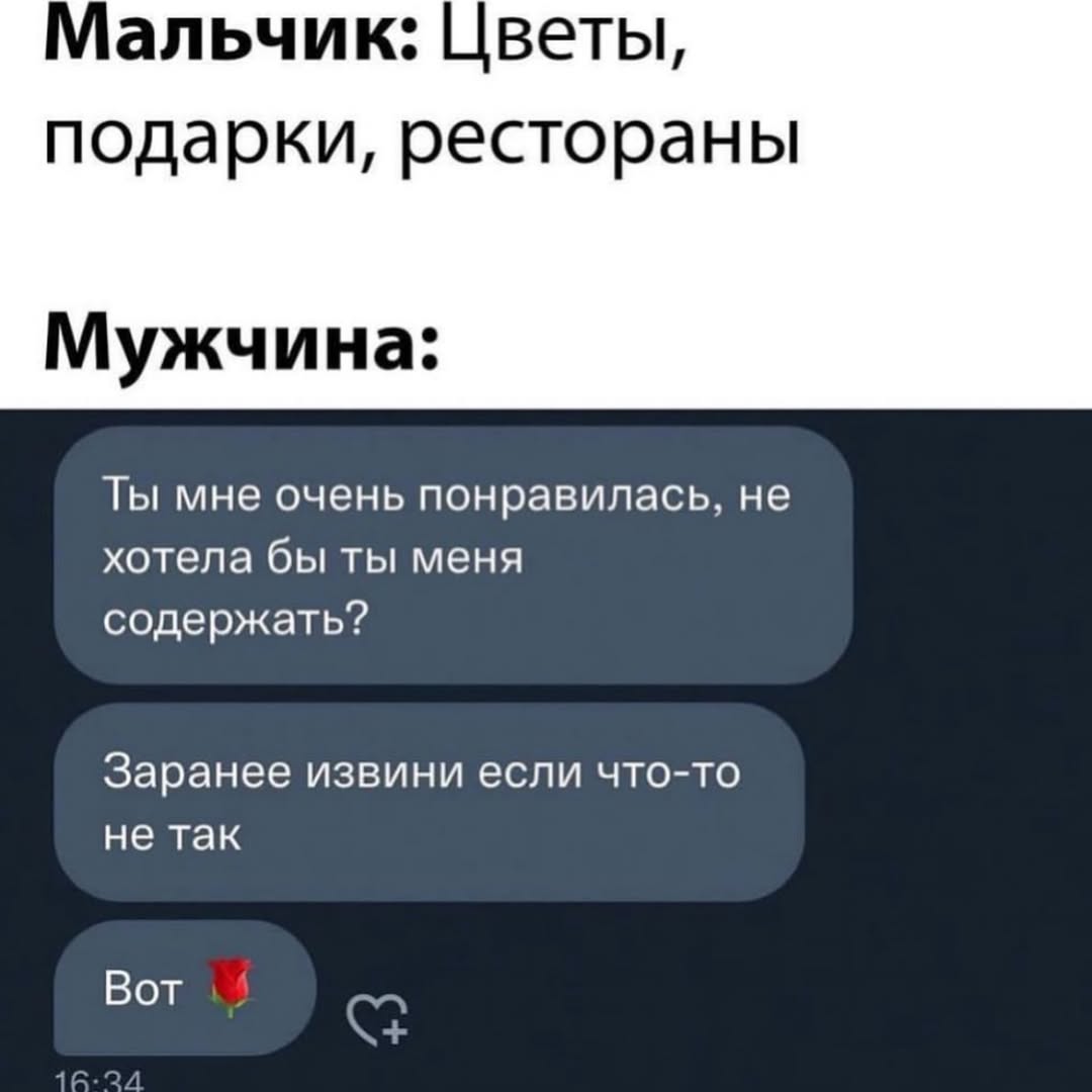 Мальчик: Цветы, подарки, рестораны Мужчина: Ты мне очень понравилась, не хотела бы ты меня содержать? Заранее извини если что-то не так Вот