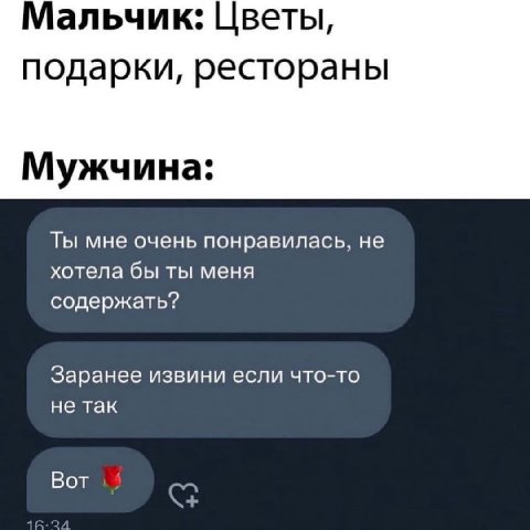 Мальчик: Цветы, подарки, рестораны Мужчина: Ты мне очень понравилась, не хотела бы ты меня содержать? Заранее извини если что-то не так Вот