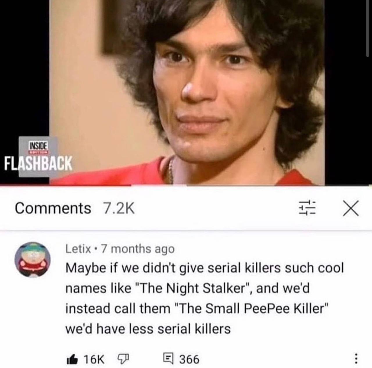 Comments 4— Letix 7 months ago Maybe if we didn't give serial killers such cool names like "The Night Stalker", and we'd instead call them "The Small PeePee Killer" we'd have less serial killers 366