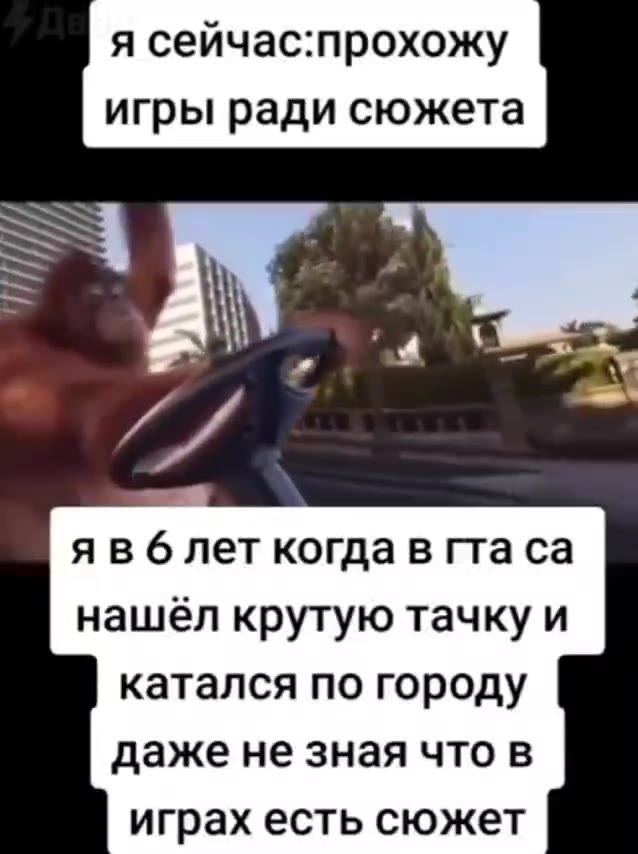 я сейчас:прохожу игры ради сюжета нашёл крутую тачку и катался по городу даже не зная что в играх есть сюжет
