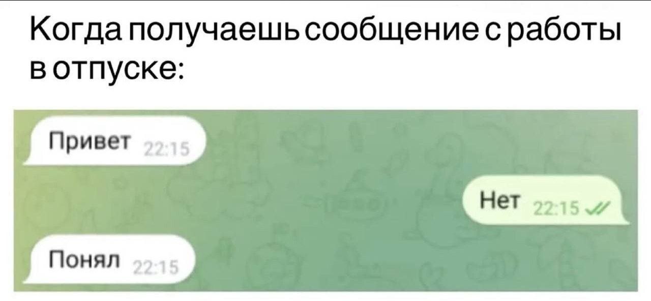 Когда получаешь сообщение сработы вотпуске: Привет Понял 15