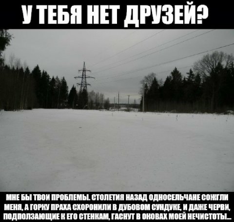 УТЕБЯ НЕТ ДРУЗЕЙ? МНЕ БЫ ТВОИ ПРОБЛЕМЫ. СТОЛЕТИЯ НАЗАД ОДНОСЕЛЬЧАНЕ СОЖГЛИ МЕНЯ, А ГОРКУ ПРАХА СКОРОНИЛИ В ДУБОВОМ СУНДУКЕ, И ДАЖЕ ЧЕРВИ, ПОДПОЛЗАЮЩИЕ К ЕГО СТЕНКАМ, ГАСНУТ В ОКОВАХ МОЕЙ