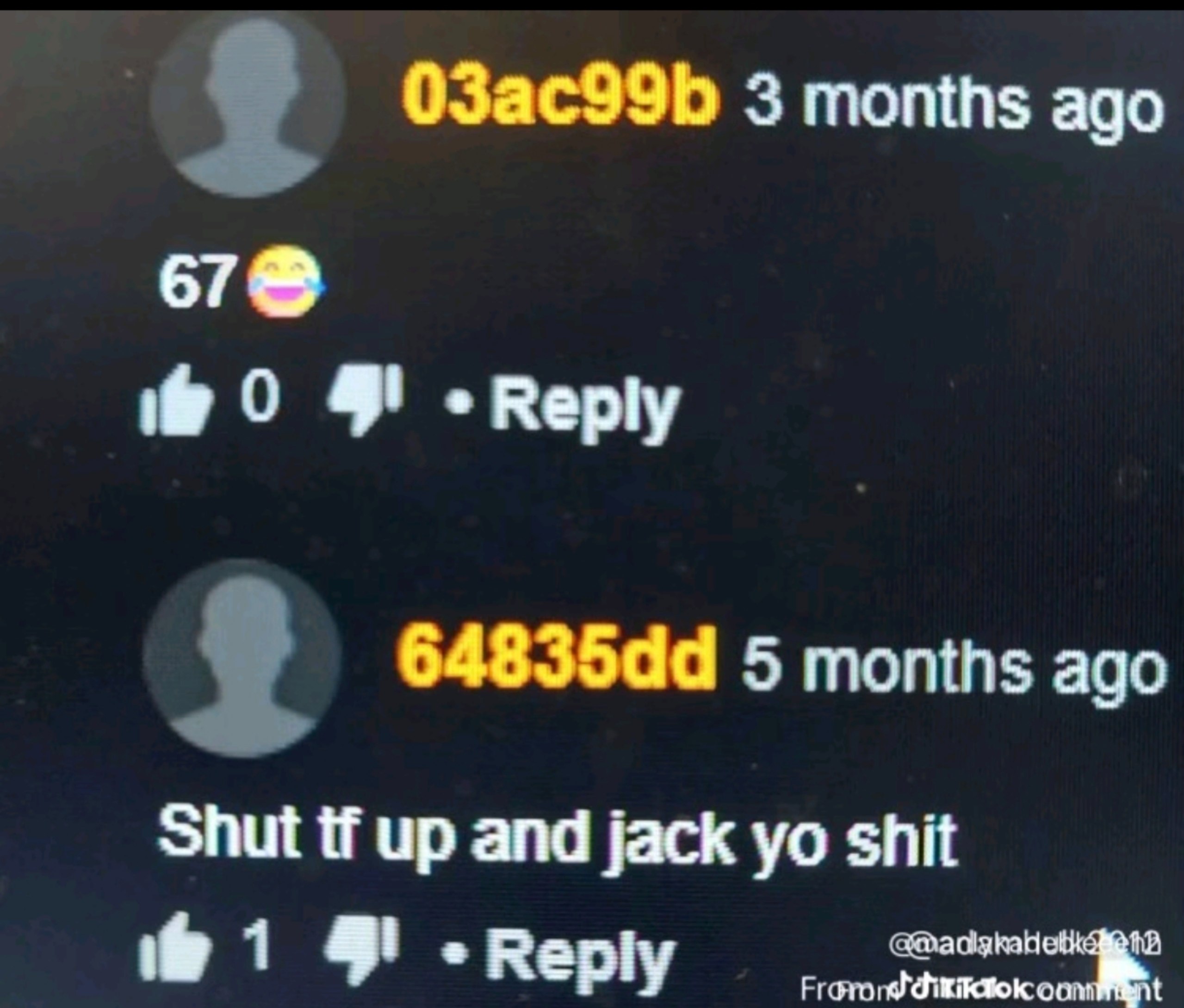 ОЗас99Ь 3 months ago 678 4! 6483544 5 months ago Shut up and jack shit 1 4! -Reply Frorord