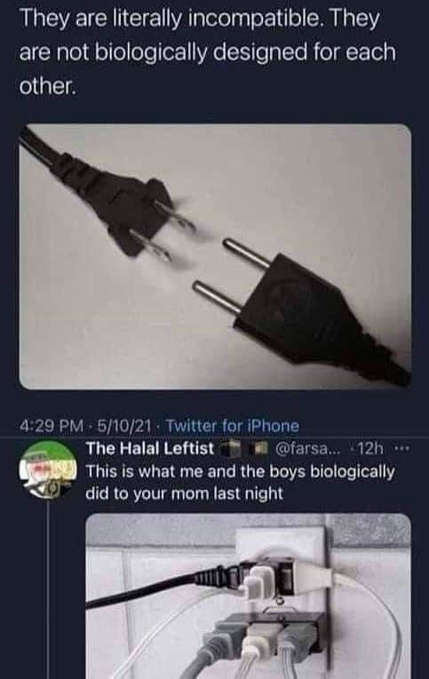 They are literally incompatible. They are not biologically designed for each other. 4:29 Twitter for iPhone The Halal Leftist @farsa... This is what me and the boys biologically did to your тот last n