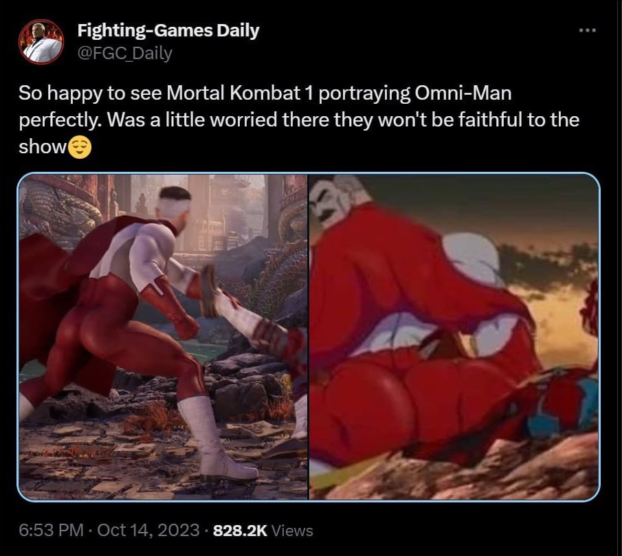 Fighting-Games Daily @FGC Daily So happy to see Mortal Kombat 1 portraying Omni-Man perfectly. Was a little worried there they won't be faithful to the he 2 6:53 Oct 14, 2023 828.2К Views