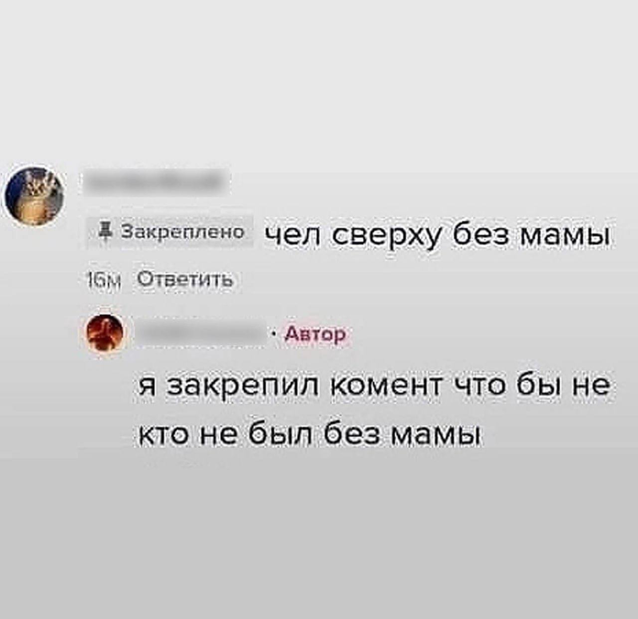 Я Закреплено Чел сверху без мамы тветить Автор я закрепил комент что бы не кто не был без мамы