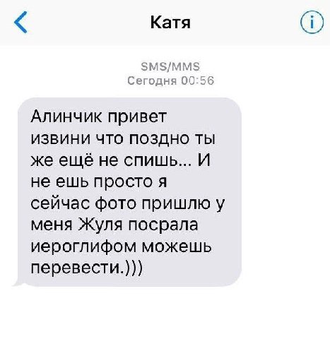 Катя SMS/MMS Сегодня 00:56 Алинчик привет ИЗВИНИ ЧТО ПОЗДНО ТЫ же ещё не спишь... И не ешь просто я сейчас фото пришлю у меня Жуля посрала иероглифом можешь перевести.)))