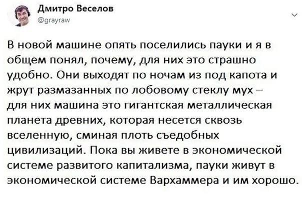 Дмитро Веселов @grayraw В новой машине опять поселились пауки ияв общем понял, почему, для них это страшно удобно. Они выходят по ночам из под капота и жрут размазанных по лобовому стеклу MYX для них 