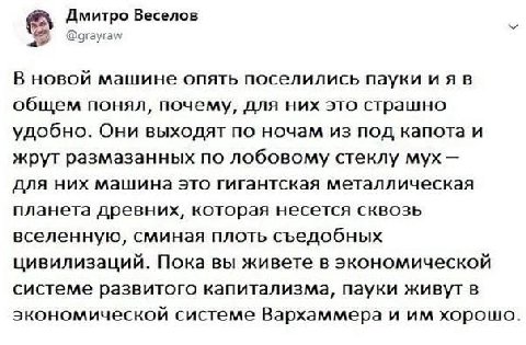 Дмитро Веселов @grayraw В новой машине опять поселились пауки ияв общем понял, почему, для них это страшно удобно. Они выходят по ночам из под капота и жрут размазанных по лобовому стеклу MYX для них 