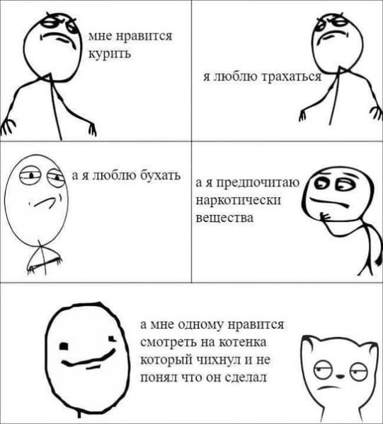 мне нравится курить я люблю трахаться люблю бухать предпочитаю наркотически вещества а мне одному нравится смотреть на котенка который чихнул и не понял что он сделал 6-6