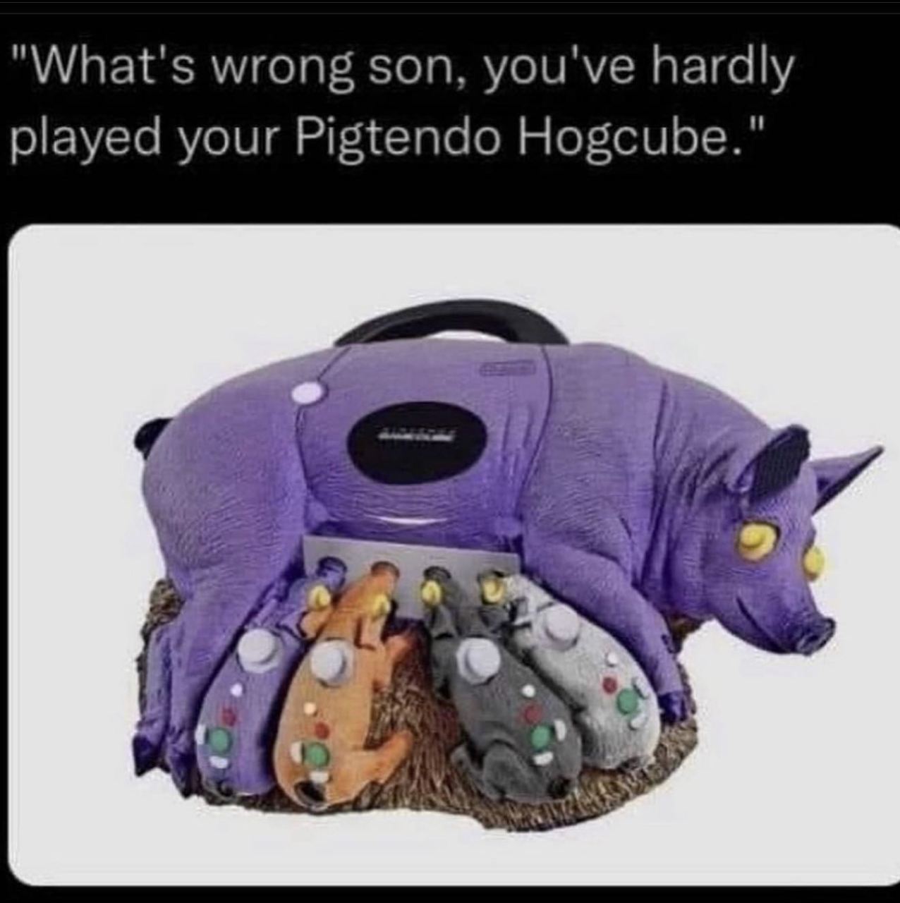 "What's wrong son, you've hardly played your Pigtendo Hogcube."