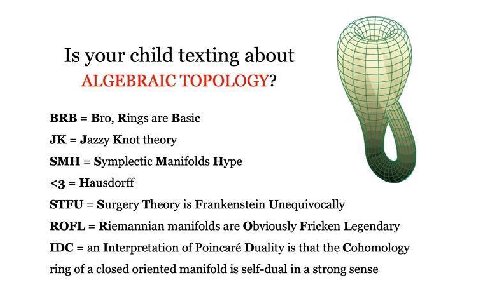 Is your child texting about ALGEBRAIC TOPOLOGY? BRB Bro, Rings are Basic Jazzy Knot theory SMH Symplectic Manifolds Hype <3 Hausdorff STFU Surgery Theory is Frankenstein Unequivocally ROFL Riemannian 