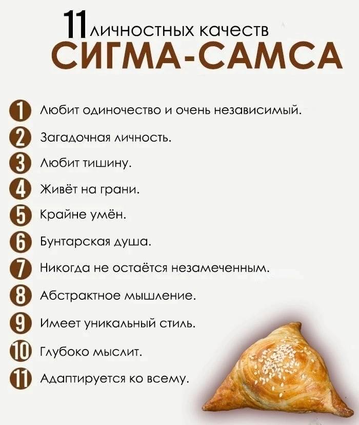 11 личностных качеств СИГМА-САМСА любит одиночество и очень независимый. Загадочная личность. Любит тишину. на грани. Крайне умён. Бунтарская душа. Никогда не остаётся незамеченным Абстрактное мышлени