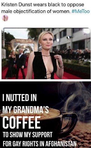Kristen Dunst wears black to oppose male objectification of women. #Meloo NUTTED IN COFFE TO SHOW MY SUPPORT FOR GAY RIGHTS IN AFGHANISTAN: