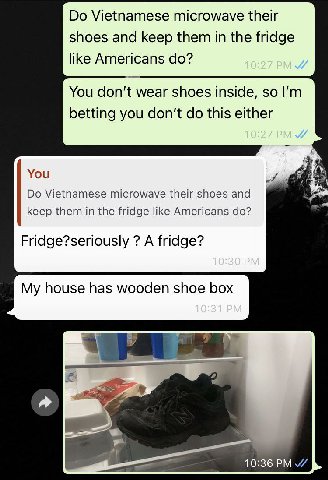 Vietnamese microwave their shoes and keep them in the fridge like Americans You don't wear shoes inside, so betting you don't this either You $7 Vietnamese microwave their shoes and keep them in the f