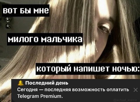 BOT Б мне мальчика которын напишет НОЧЬЮ 1 Последний день Сегодня последняя возможность оплатить Telegram Premium.