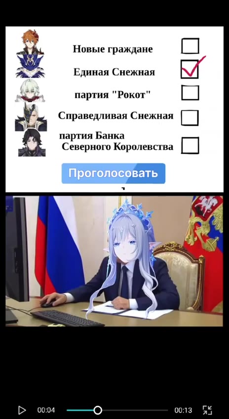 м Новые граждане O = партия "Рокот" TO Единая Снежная СПРаведливая ees партия Банка Северного Королевства Г | Проголосовать Выборыв Снежнянское