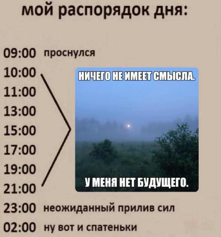 мой распорядок дня: 09:00 проснулся 10:00 НИЧЕГО 11:00 13:00 15:00 17:00 19:00 21:00 УМЕНЯ НЕТ БУДУЩЕГО. 23:00 неожиданный прилив сил 02:00 и спатеньки